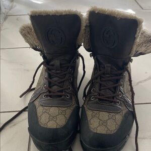Gucci Dark Brown and Cream Boots with Fur Trim